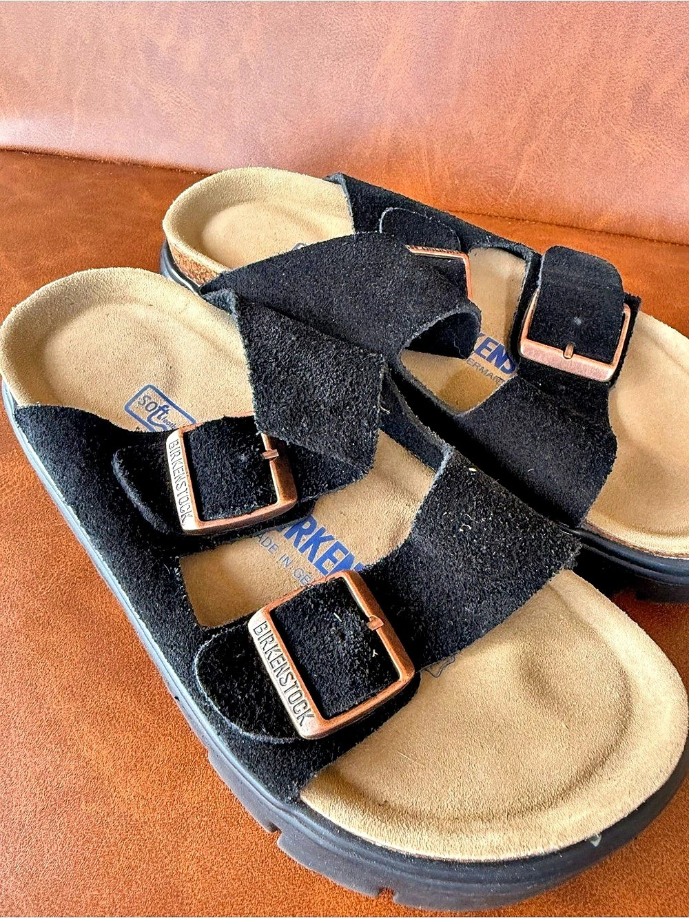 Birkenstock Women’s 37 Black Suede Platform Sandals Soft Footbed Double Strap